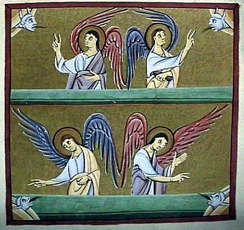 Four Angels Hold Back the Four Winds of the Four Corners, The Bamburg Apocalypse, 1000-1020 A.D., Bamburg State Library.  Public domain.