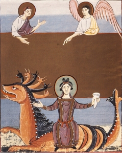 The Whore of Babylon, from Folio 43, the Bamberg Apocalypse, Bamberg State Library, Germany, early 11th C.